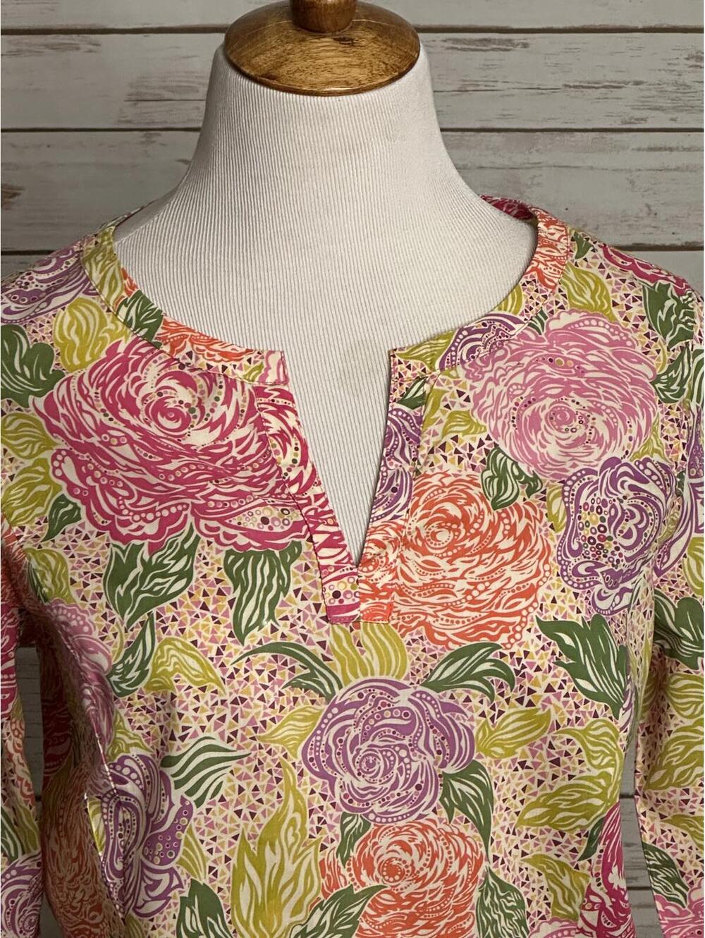 Brooks Brothers LIBERTY 100% cotton split V-neck tunic top/shirt Size Medium - Picture 2 of 8